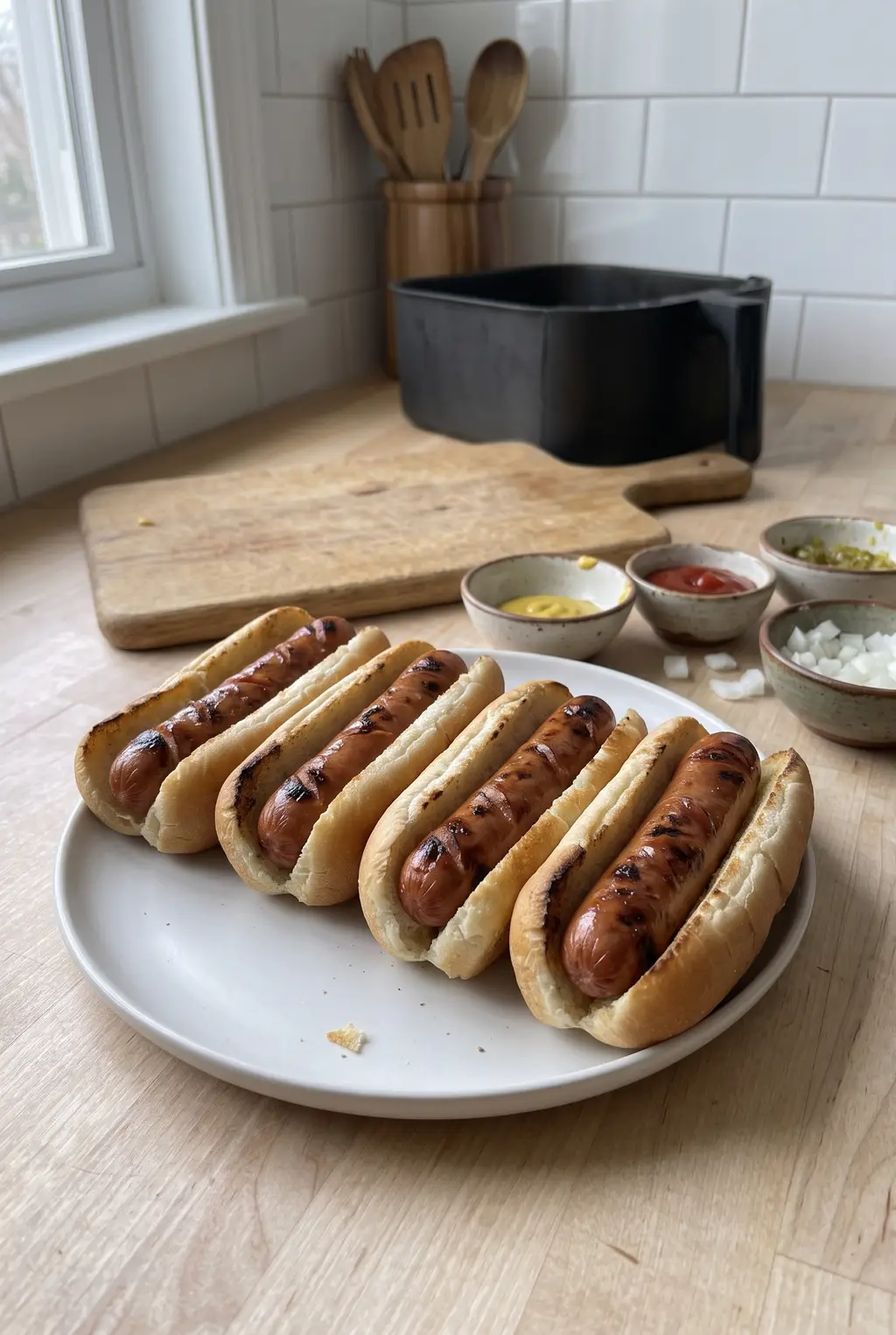 A plain air fryer hot dog in a bun
