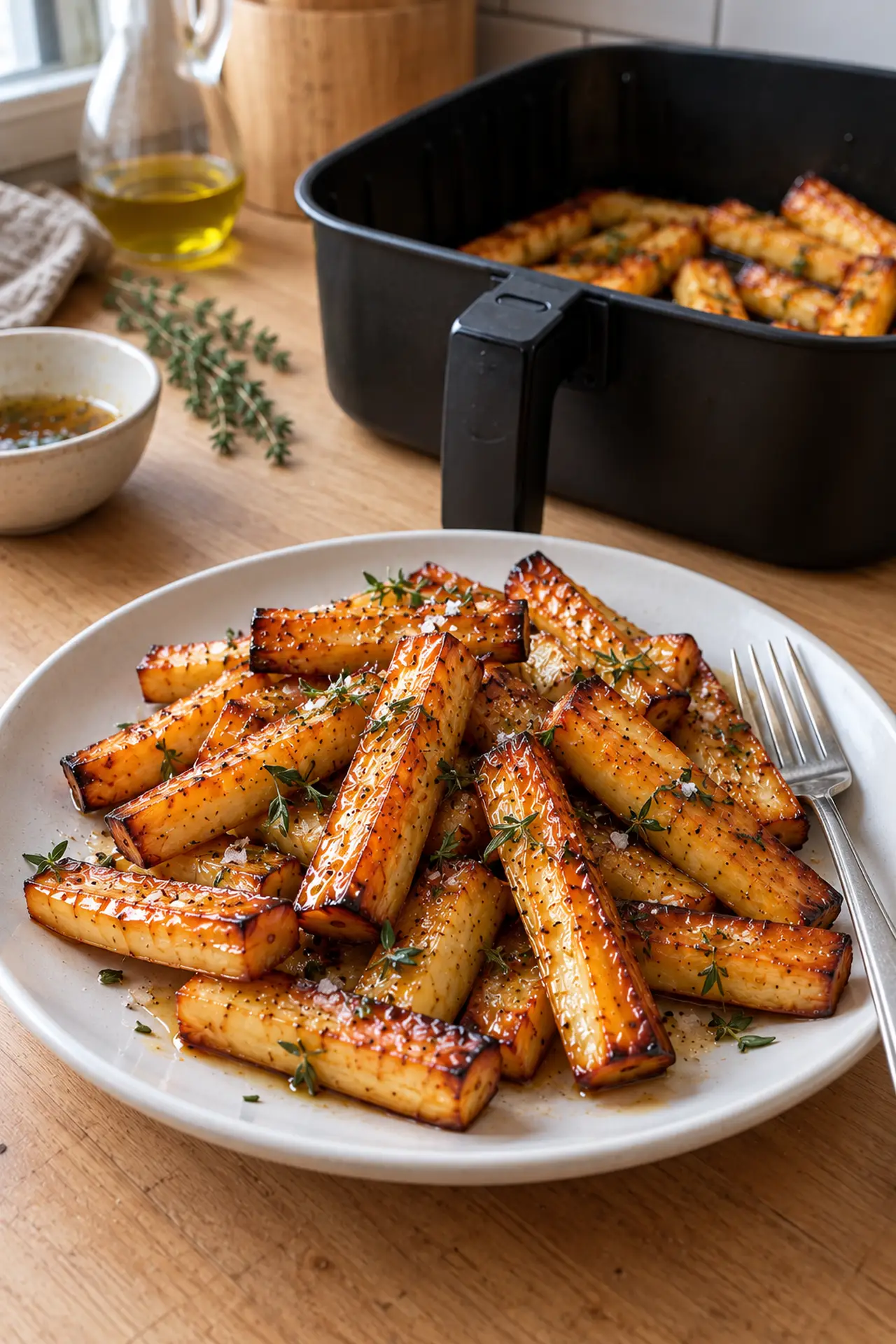 Honey-glazed air fryer parsnips on a plate