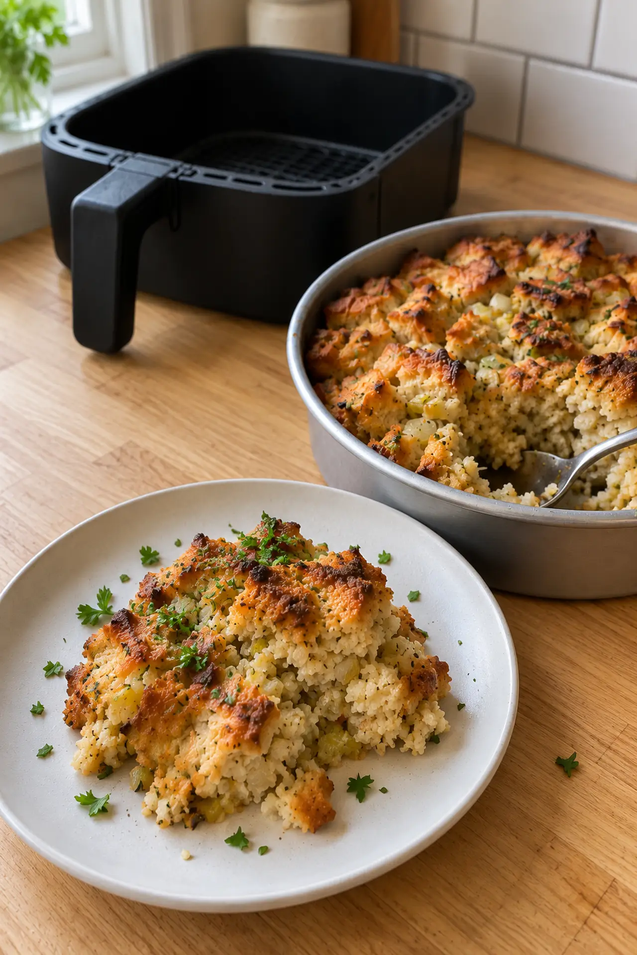 Golden air fryer stuffing with crisp top
