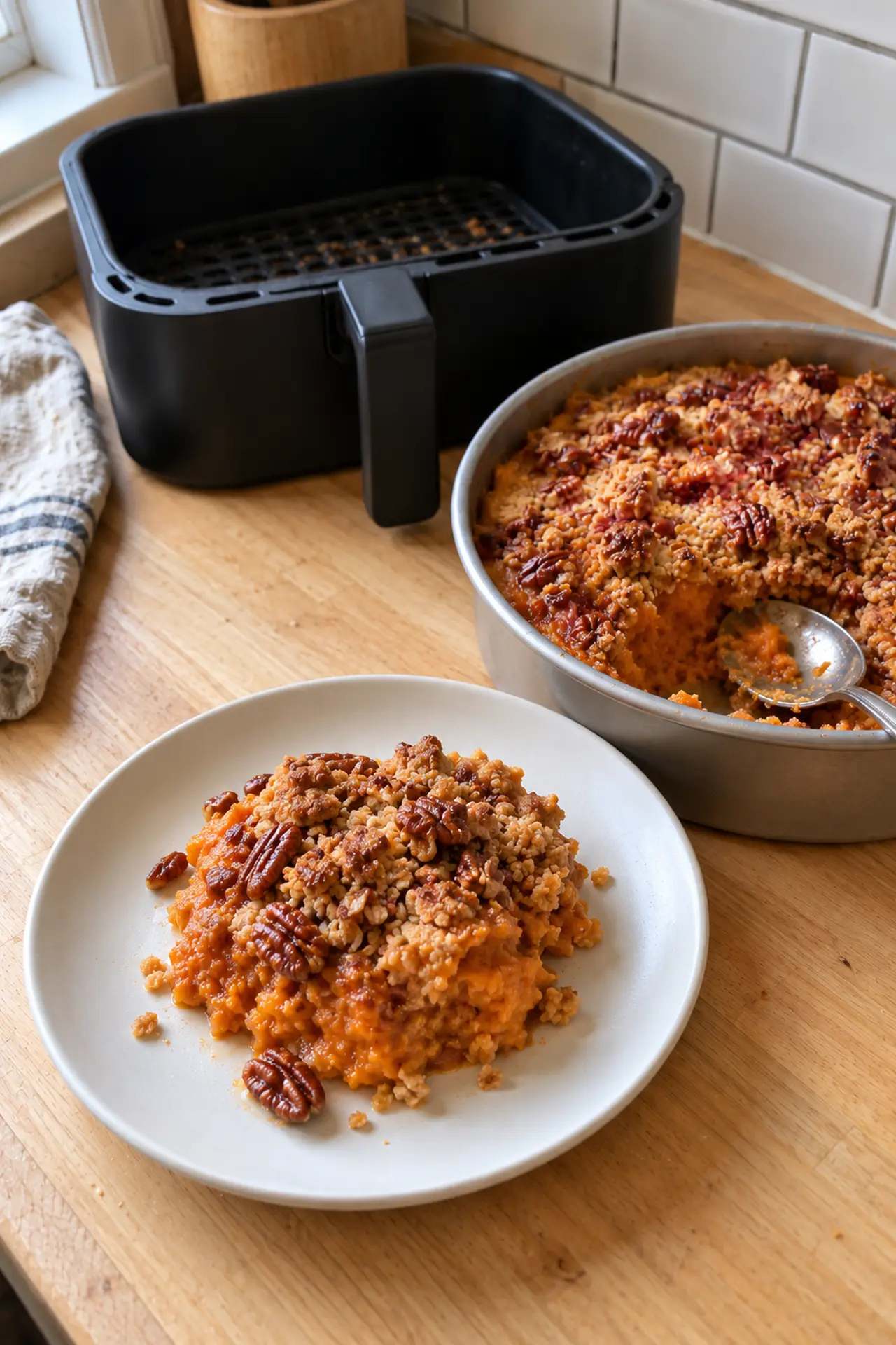 Air fryer sweet potato casserole with topping