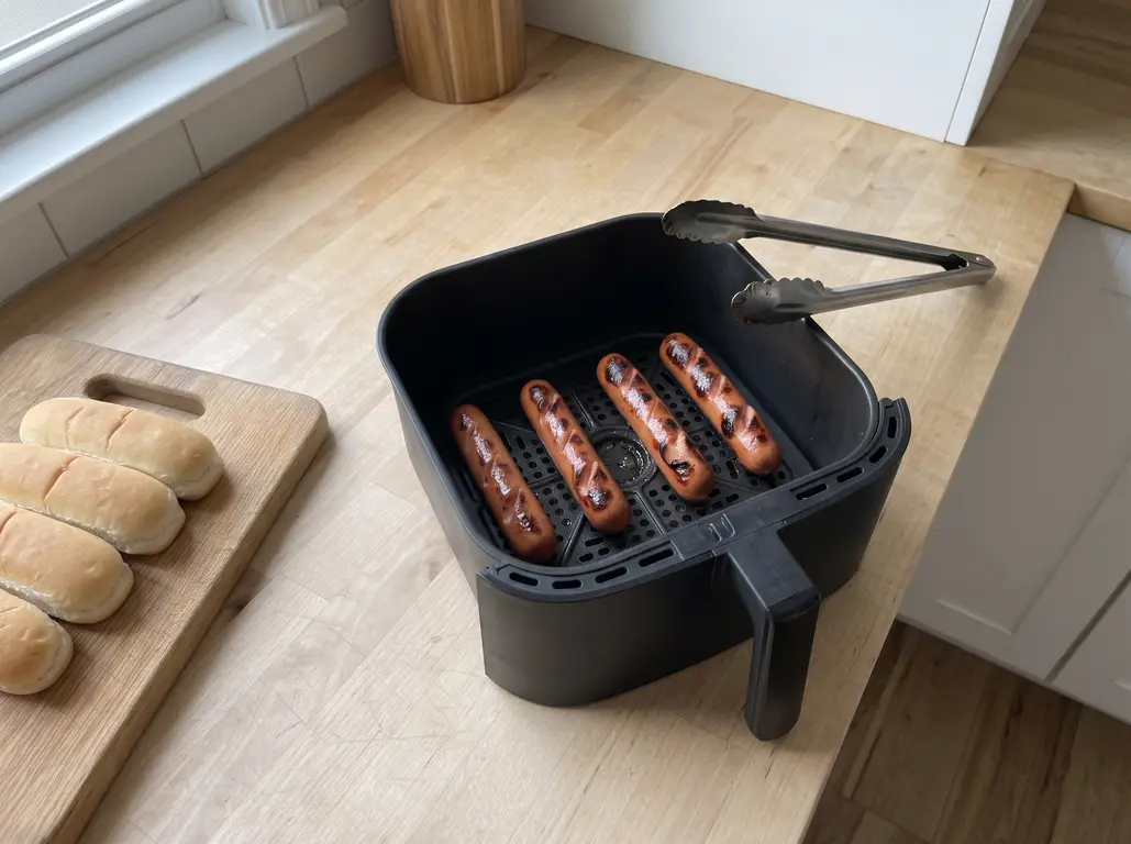 Blistered, browned hot dogs in the basket