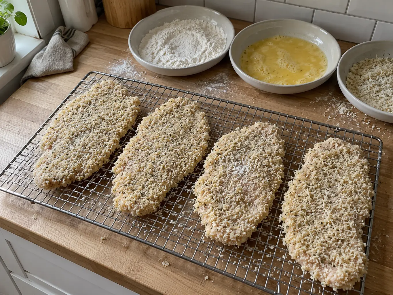 Breaded chicken cutlets resting before the air fryer