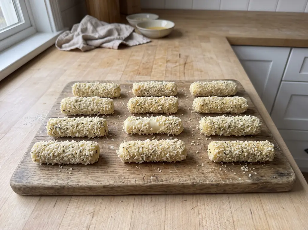 Double-breaded mozzarella sticks ready to freeze