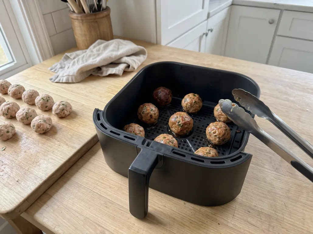 Browned air fryer meatballs in the basket