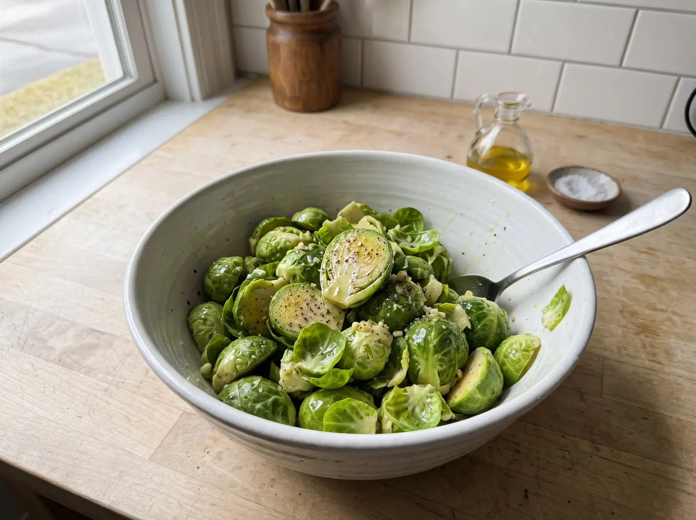 Halved Brussels sprouts tossed in oil and seasoning