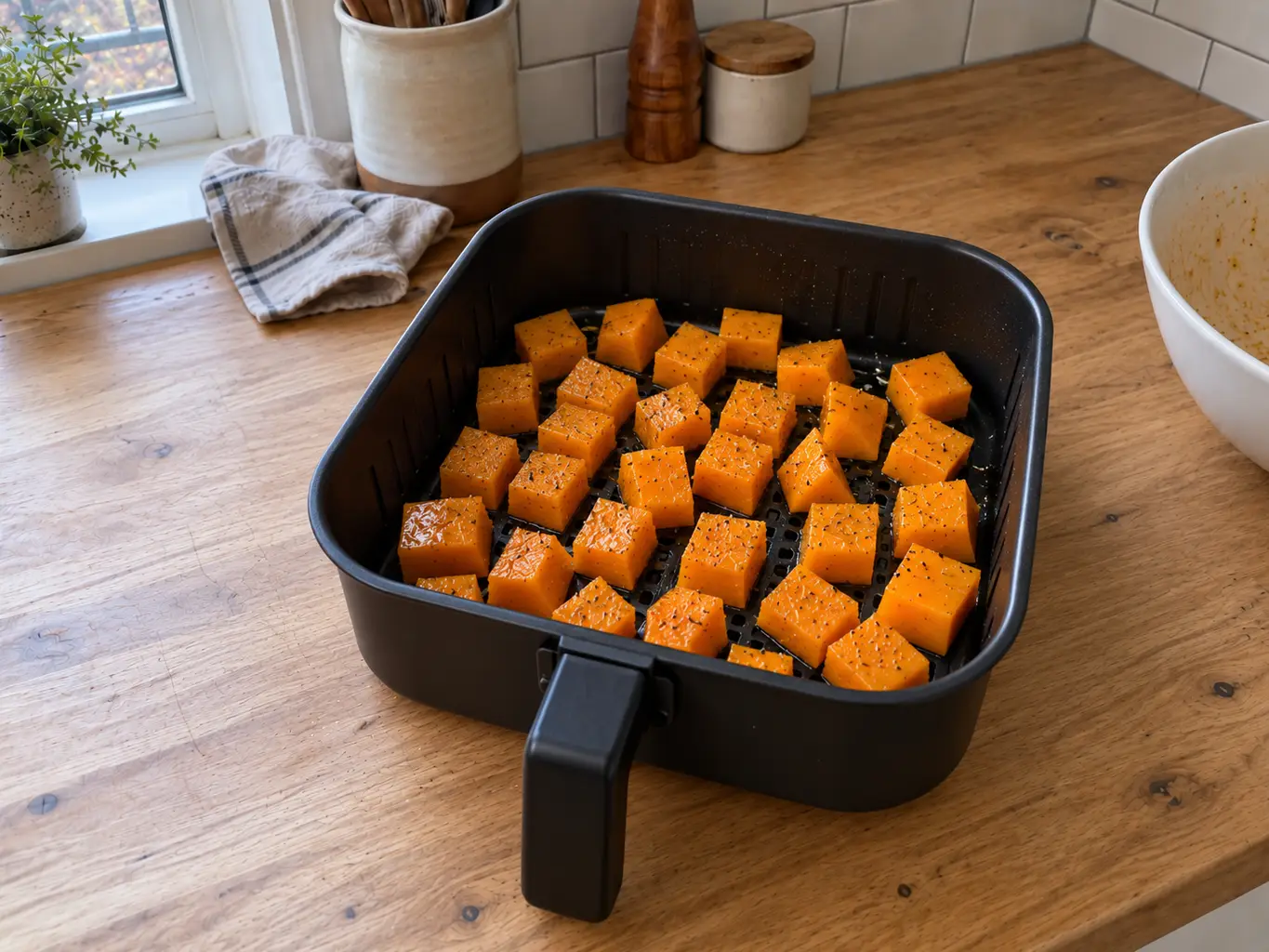 Butternut squash cubes in a single layer in the basket