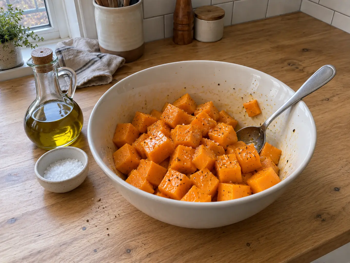 Butternut squash cubes tossed in oil and salt
