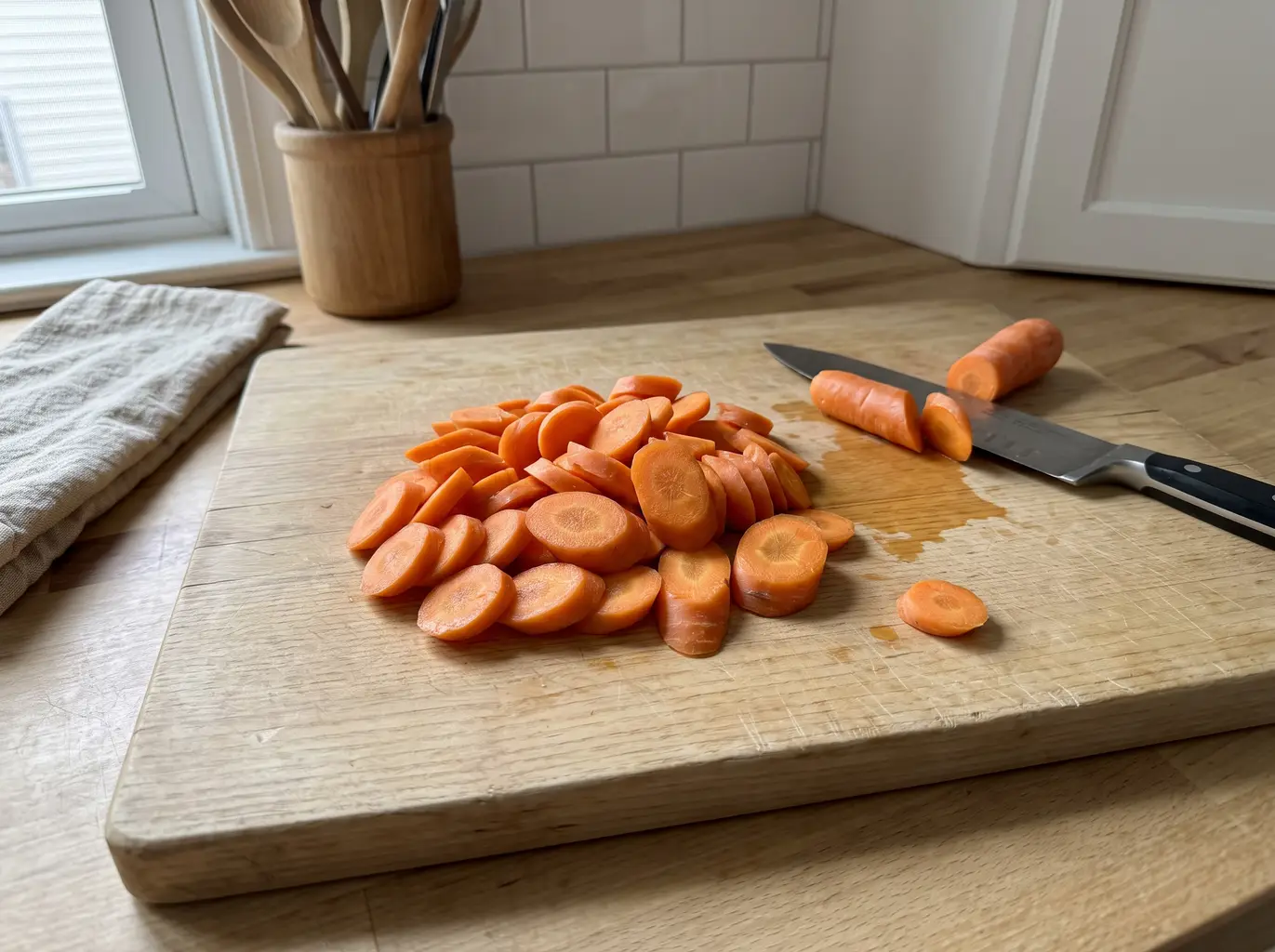 Carrots cut on the bias into thick diagonal coins