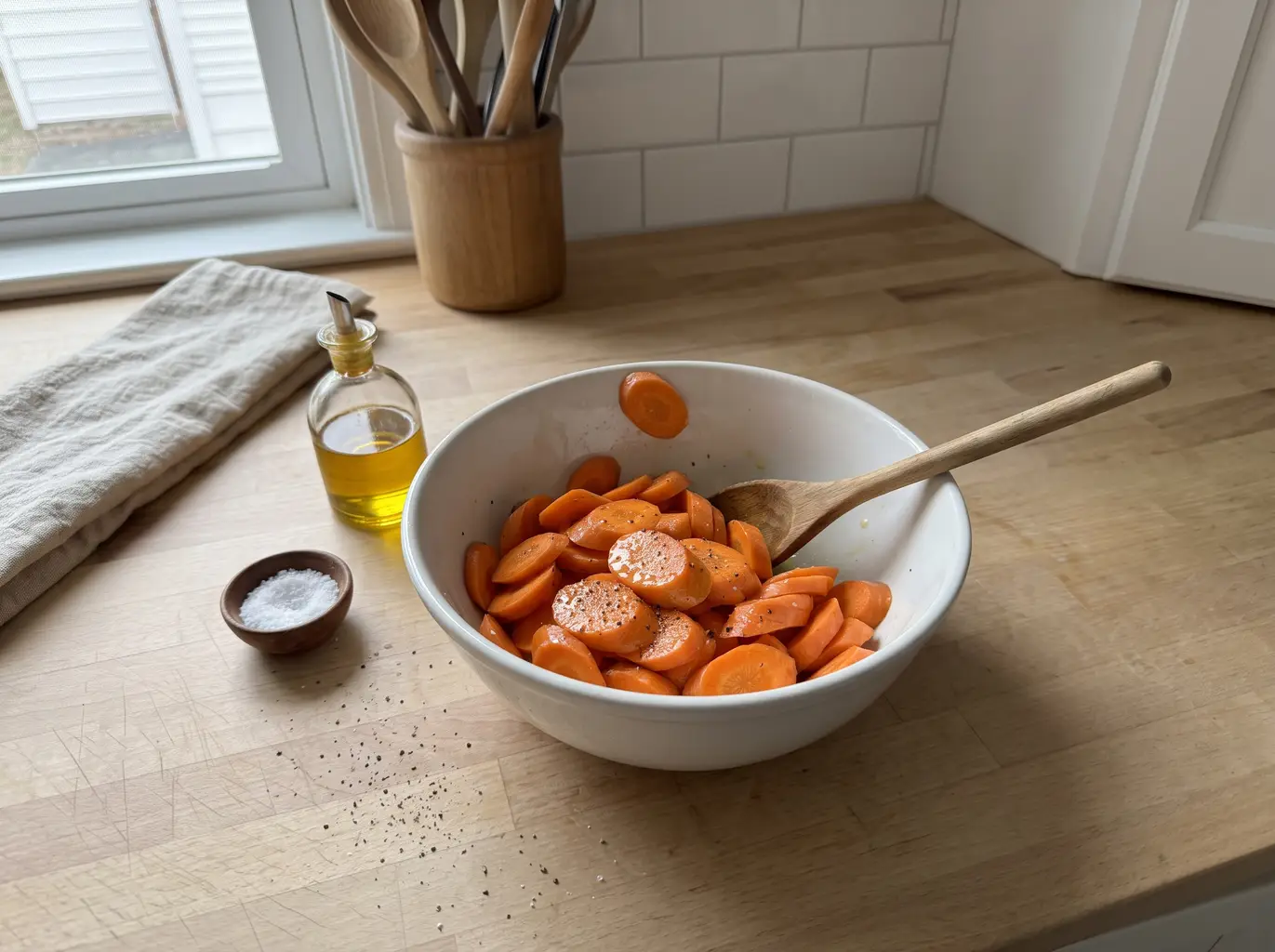 Carrot coins tossed in oil, salt and pepper