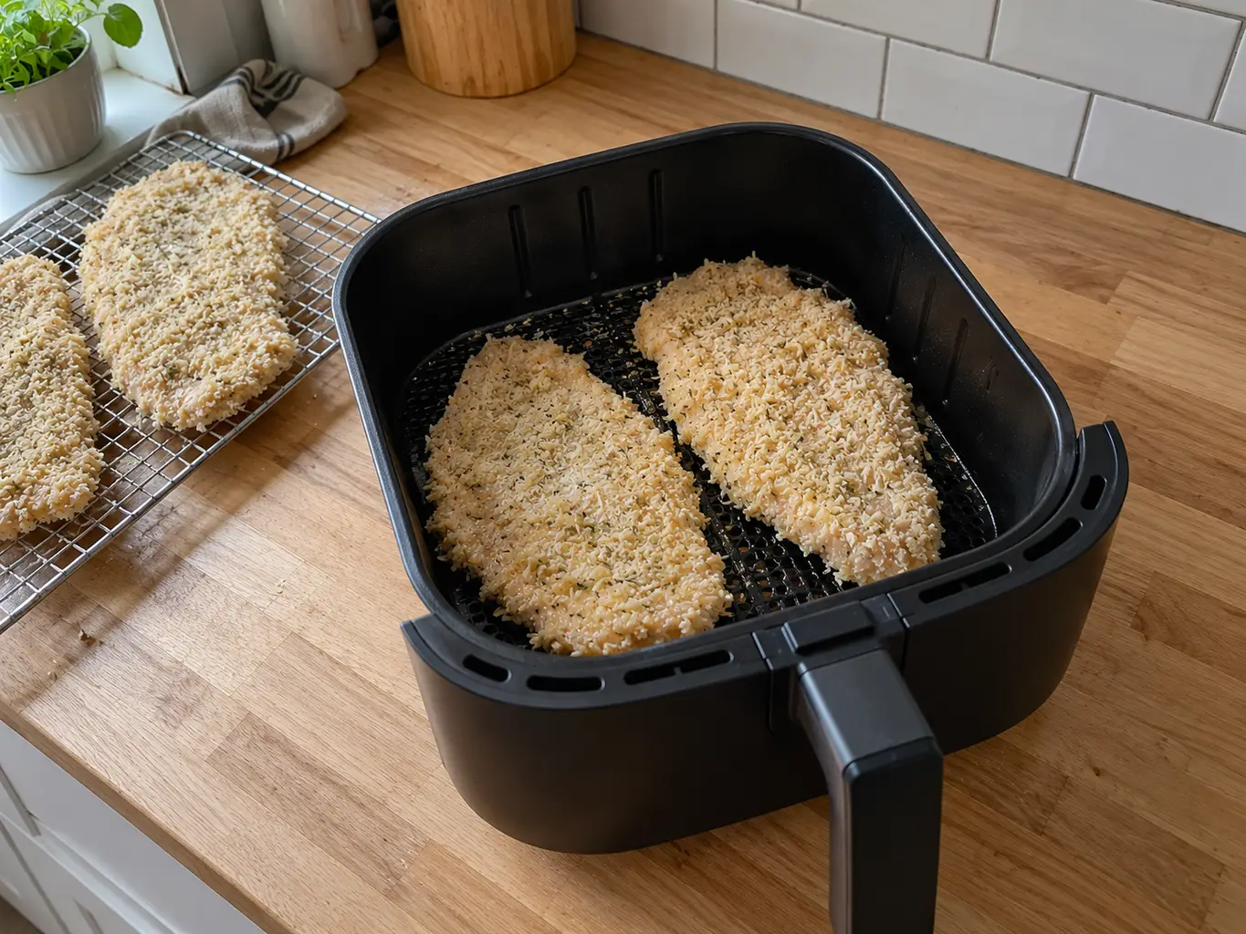 Chicken cutlets in a single layer in the air fryer basket
