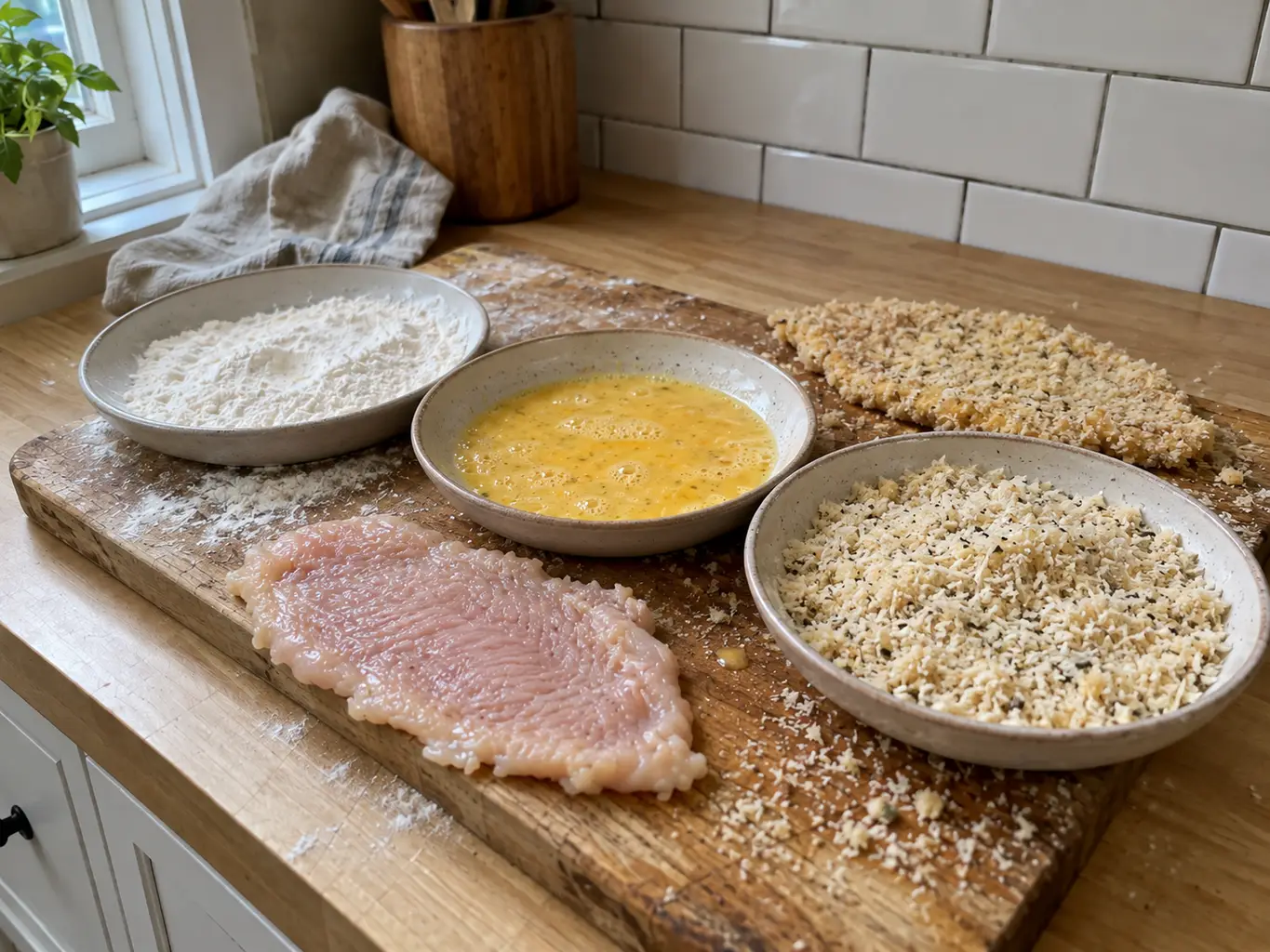 The three-dish breading line of flour, egg and panko