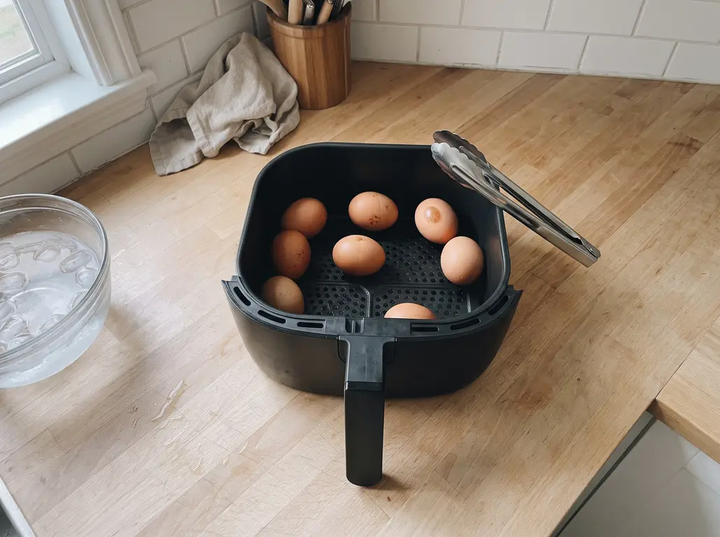 Cooked eggs in the basket after the timer