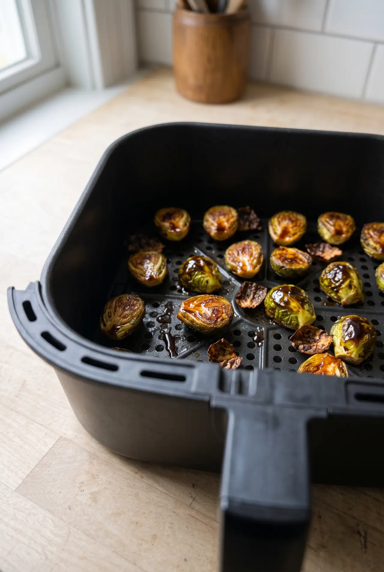 Close-up of crispy air fryer Brussels sprouts