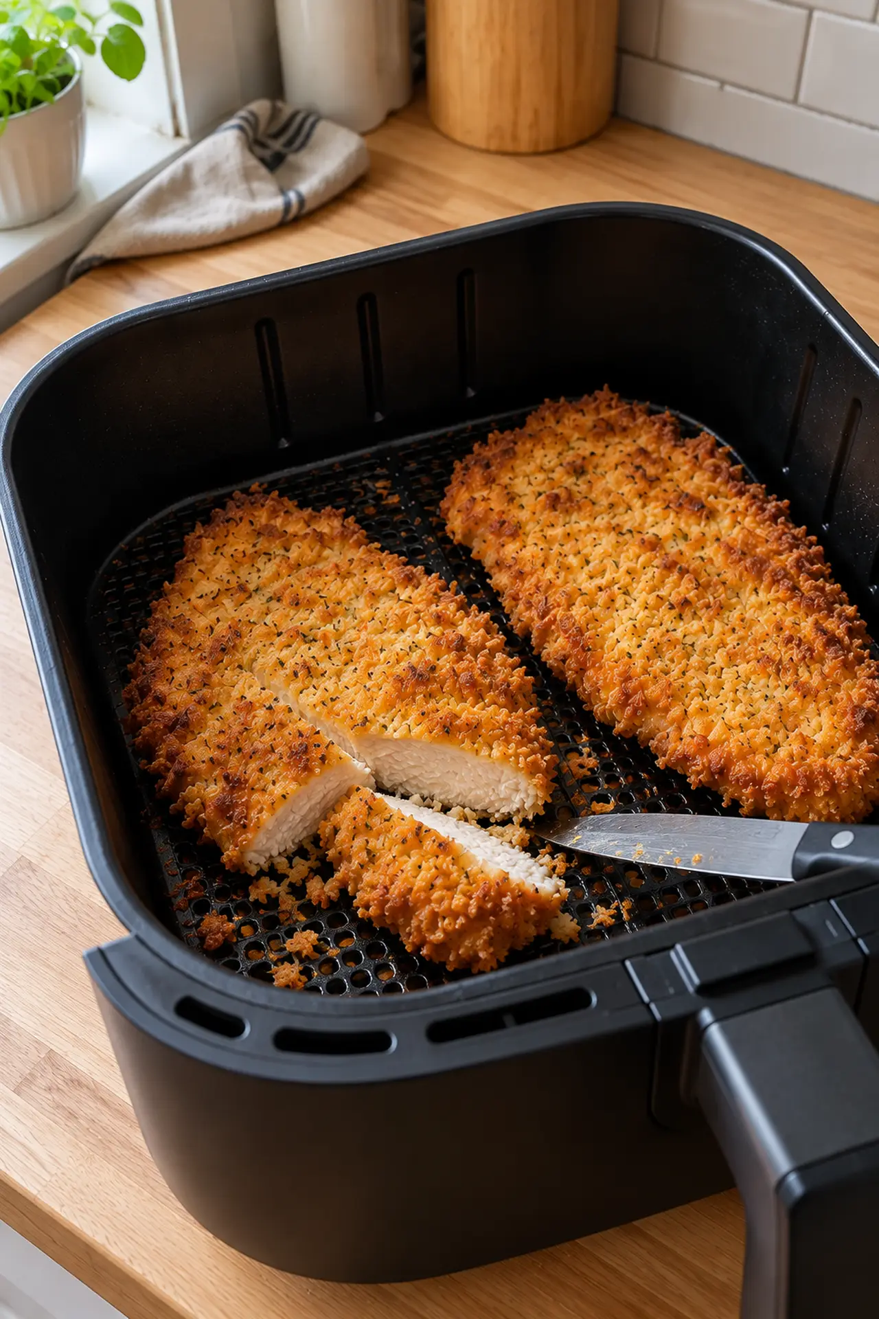Close-up of a crispy chicken cutlet