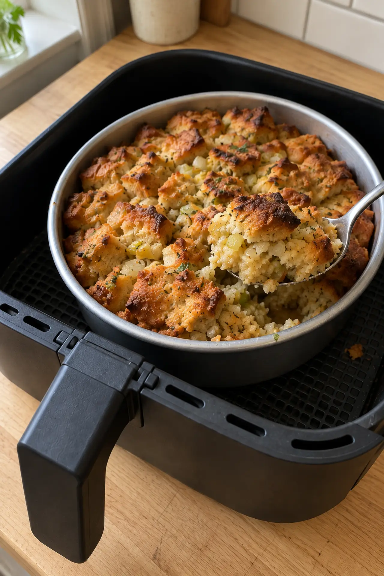 Close-up of crisp-topped air fryer stuffing