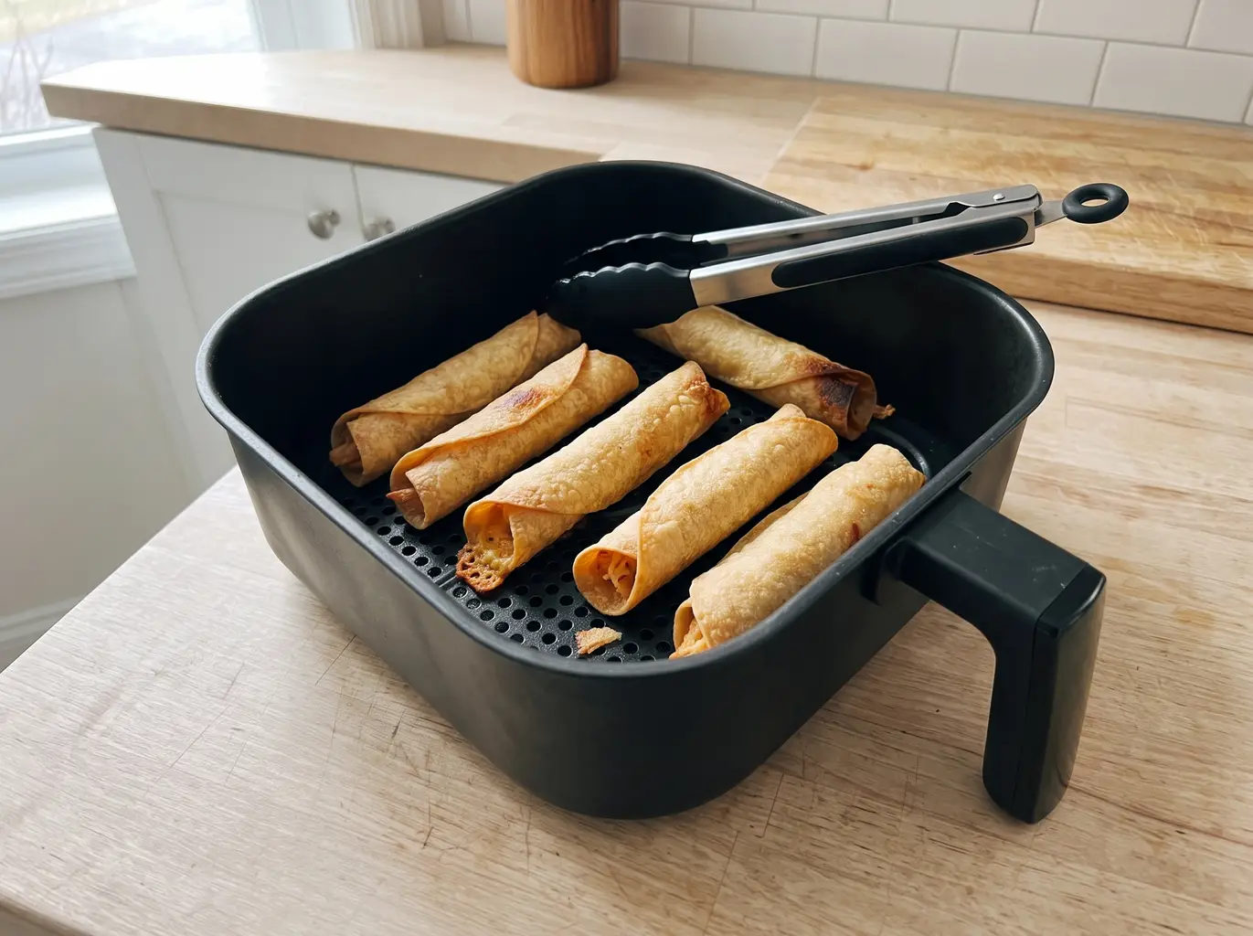 Crispy golden taquitos in the air fryer basket