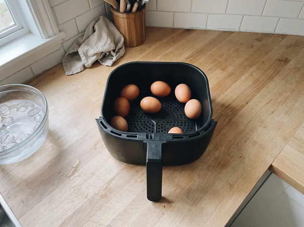 Cold eggs in a single layer in the air fryer basket