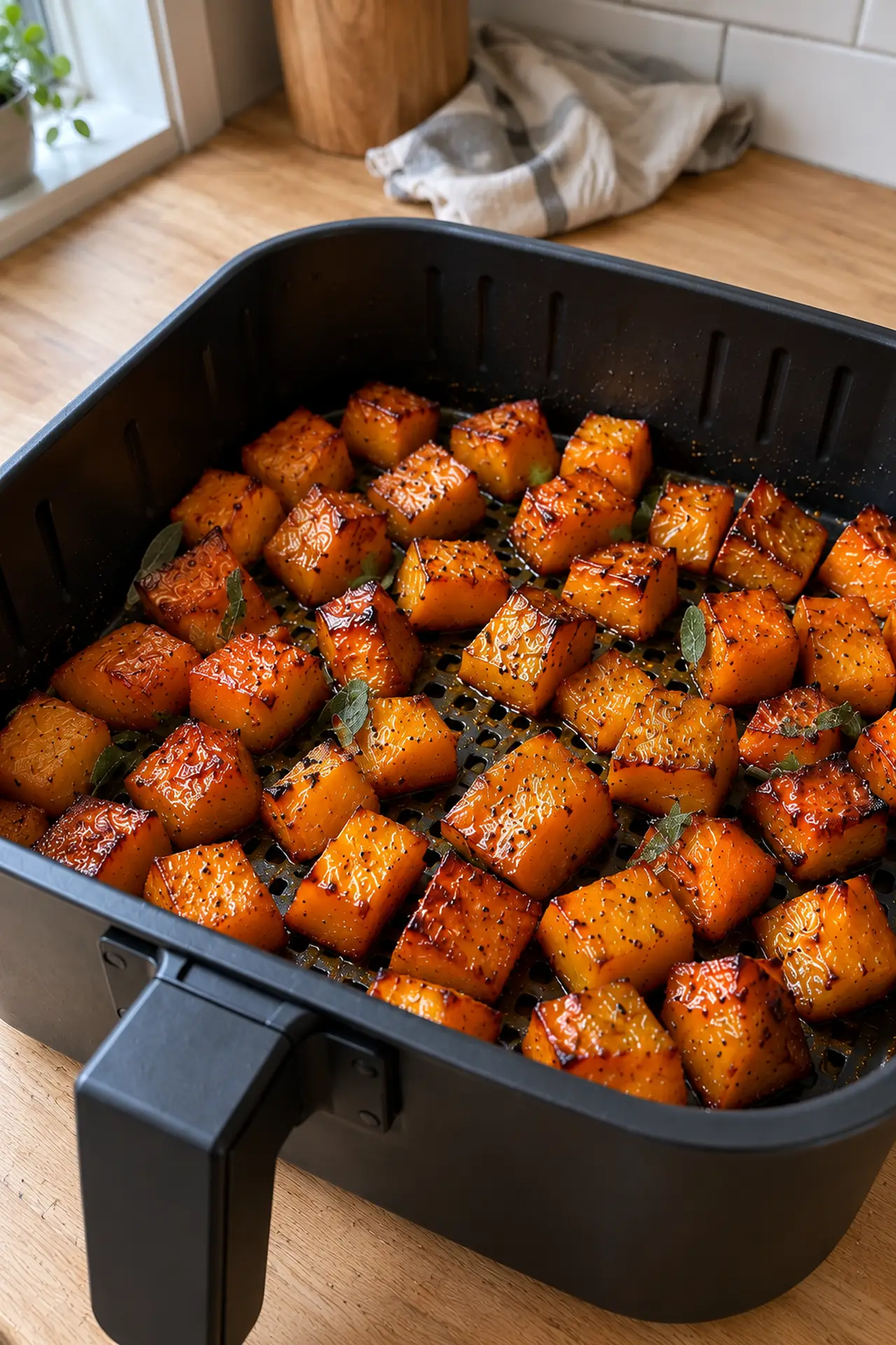 Close-up of caramelized air fryer butternut squash