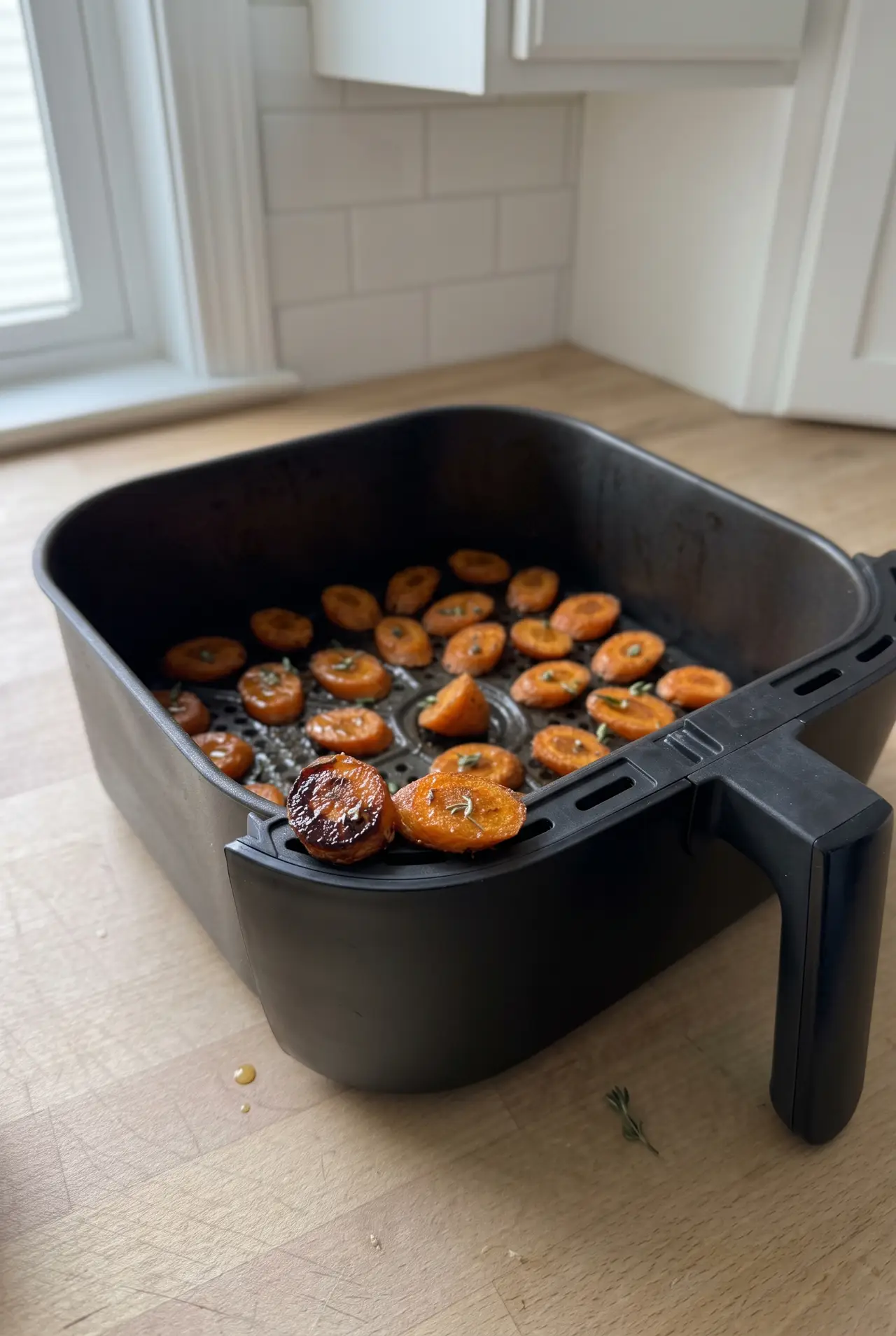 Close-up of glossy honey-glazed air fryer carrots