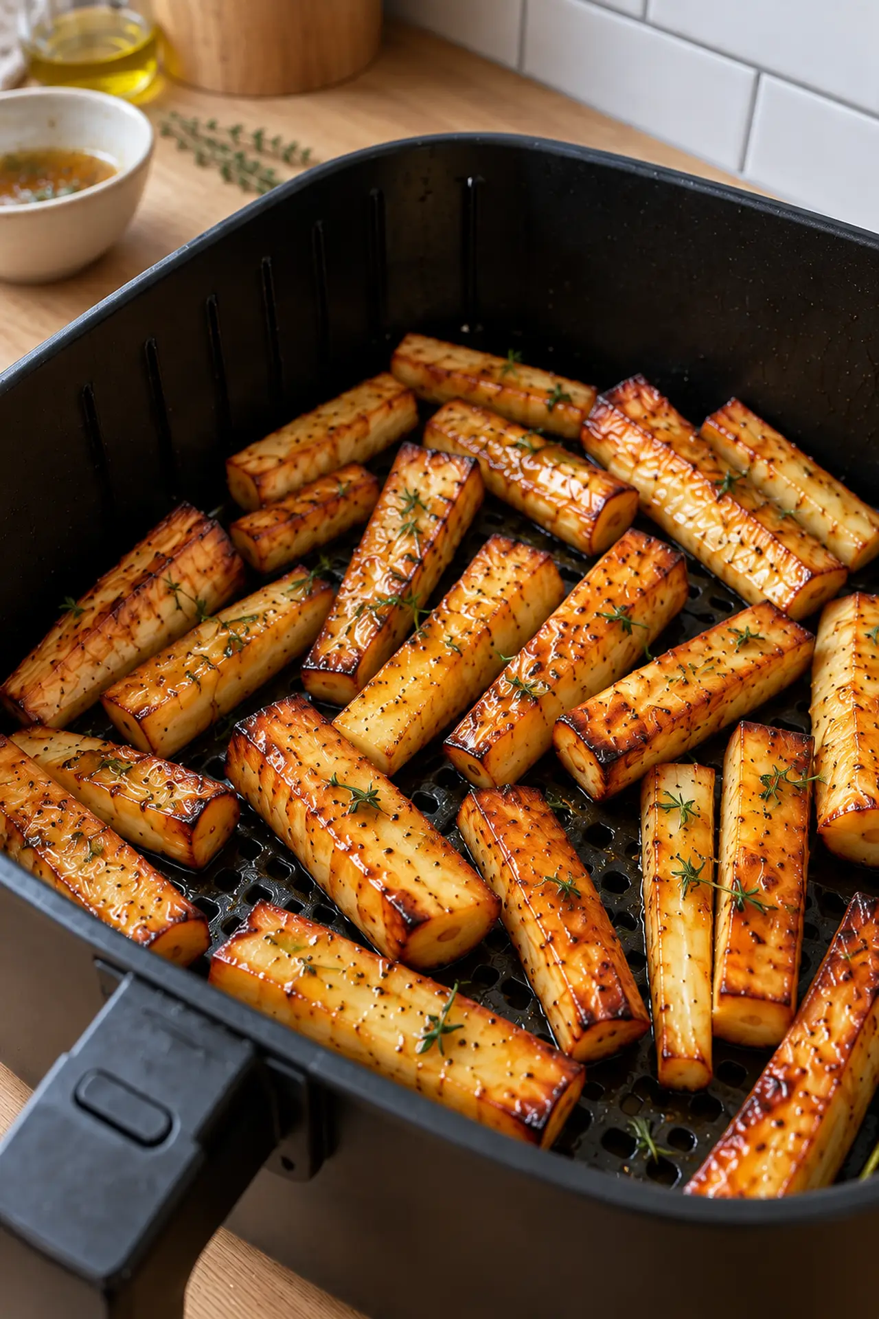 Close-up of glossy honey-glazed air fryer parsnips