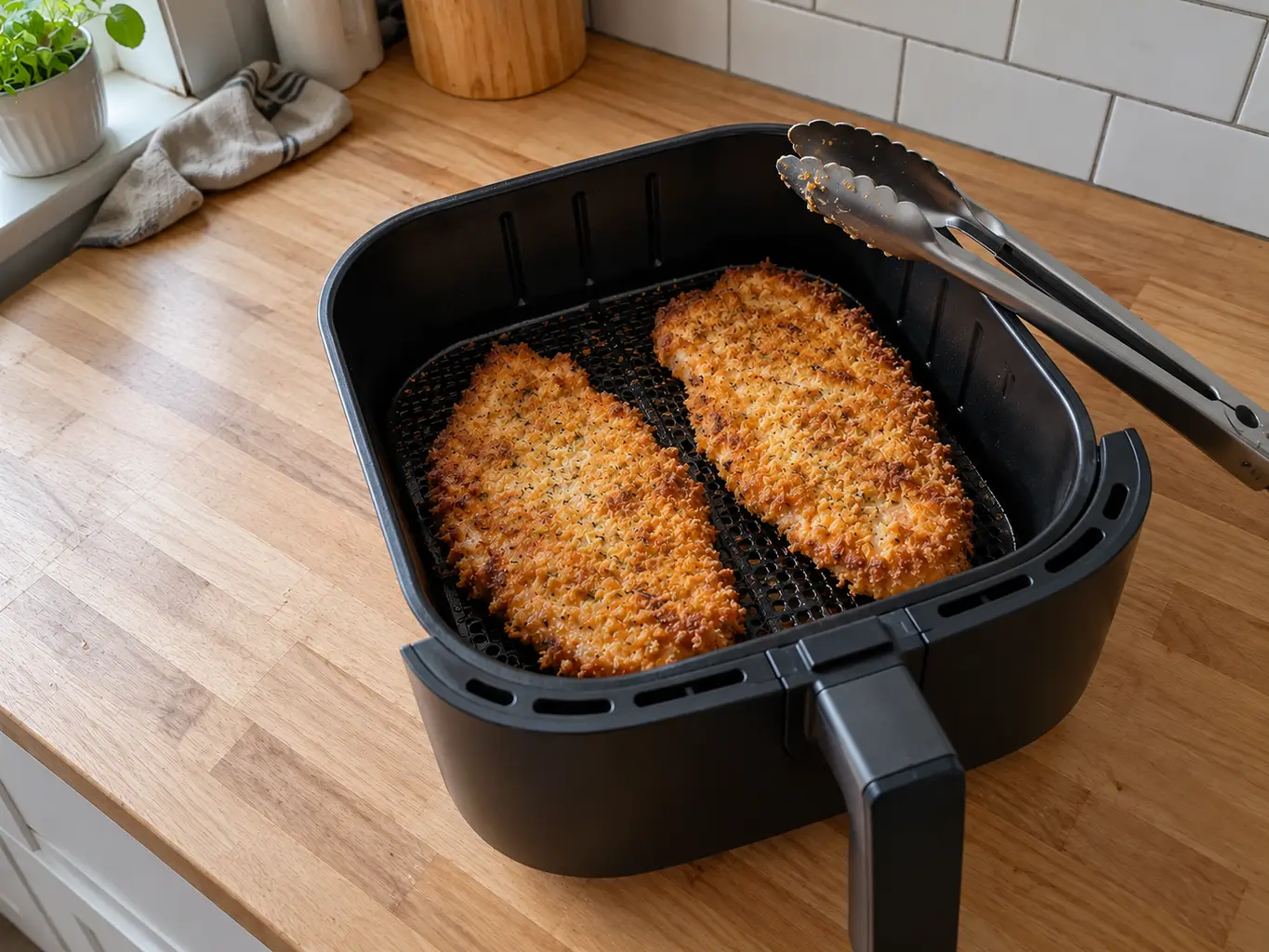 Golden air fried chicken cutlets in the basket