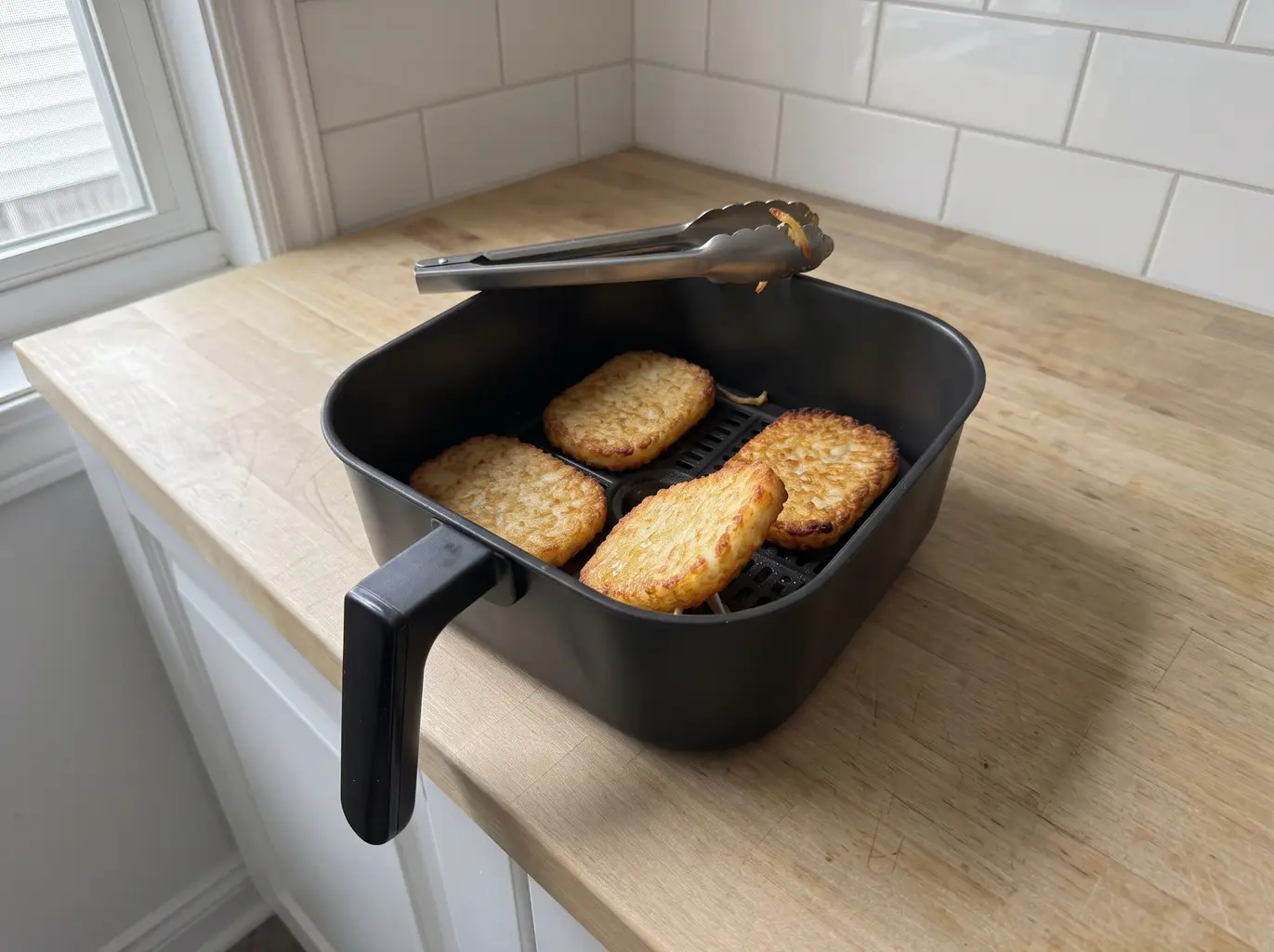 Crispy golden hash brown patties in the air fryer basket