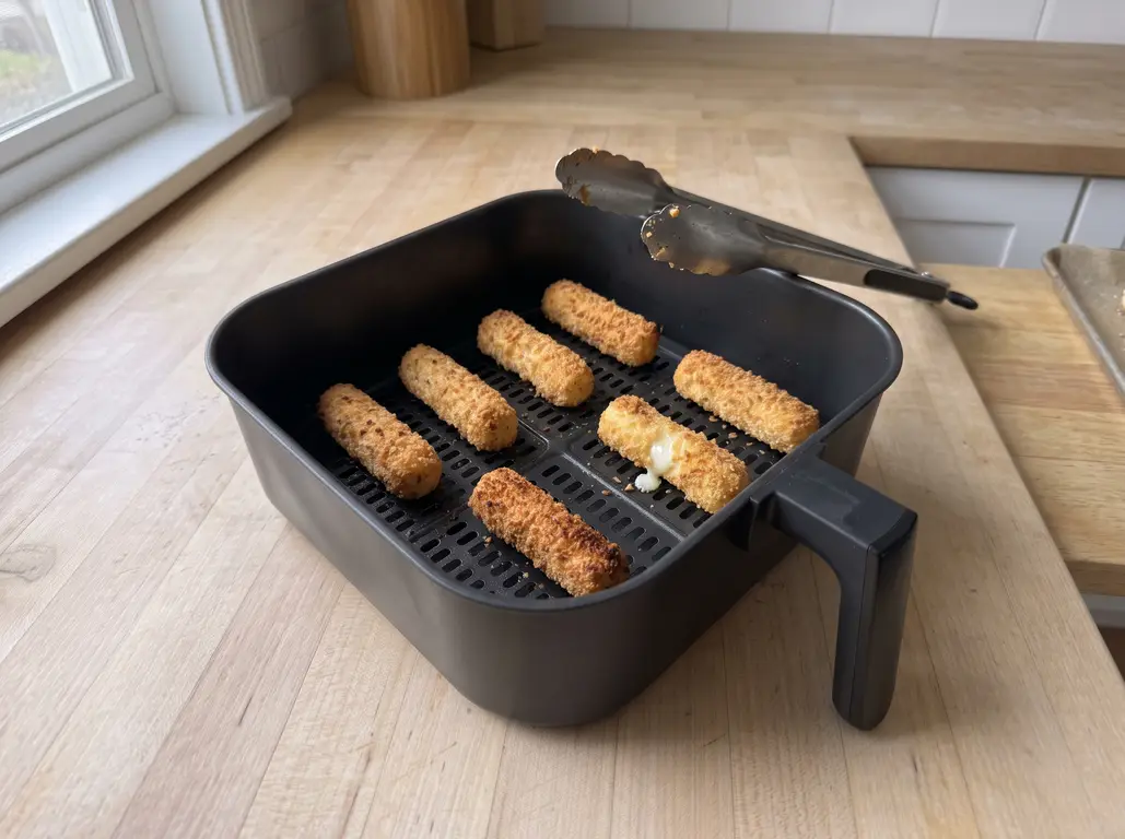 Golden air fryer mozzarella sticks with the first hairline cracks