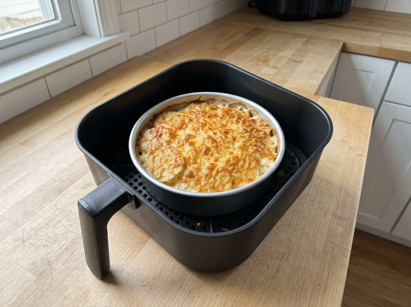 Golden bubbling scalloped potatoes in the air fryer basket