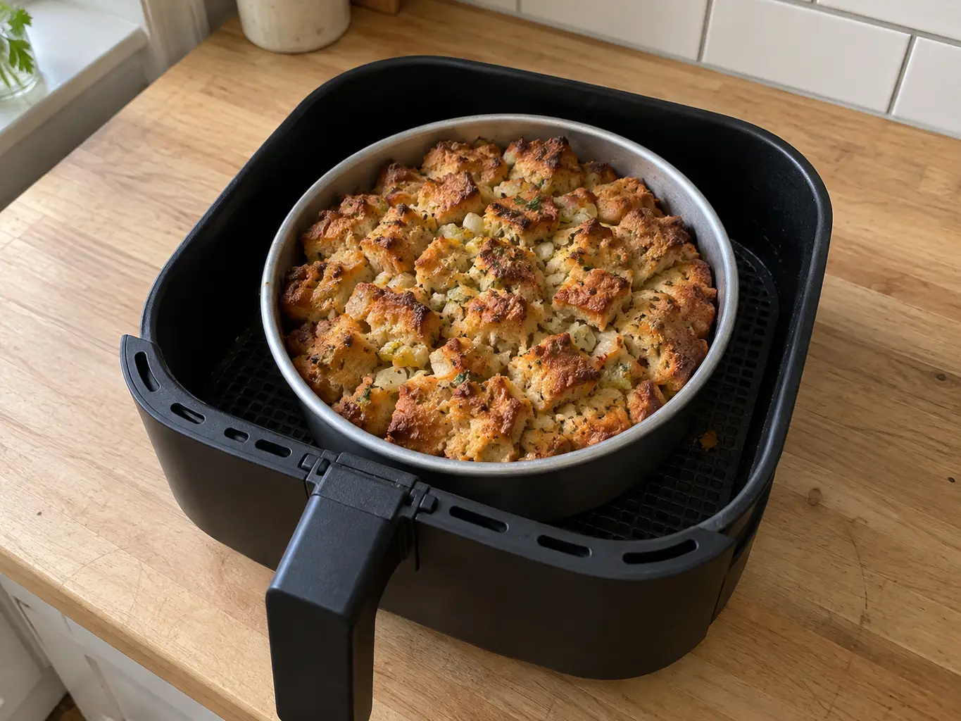 Golden stuffing with a crisp top in the air fryer basket