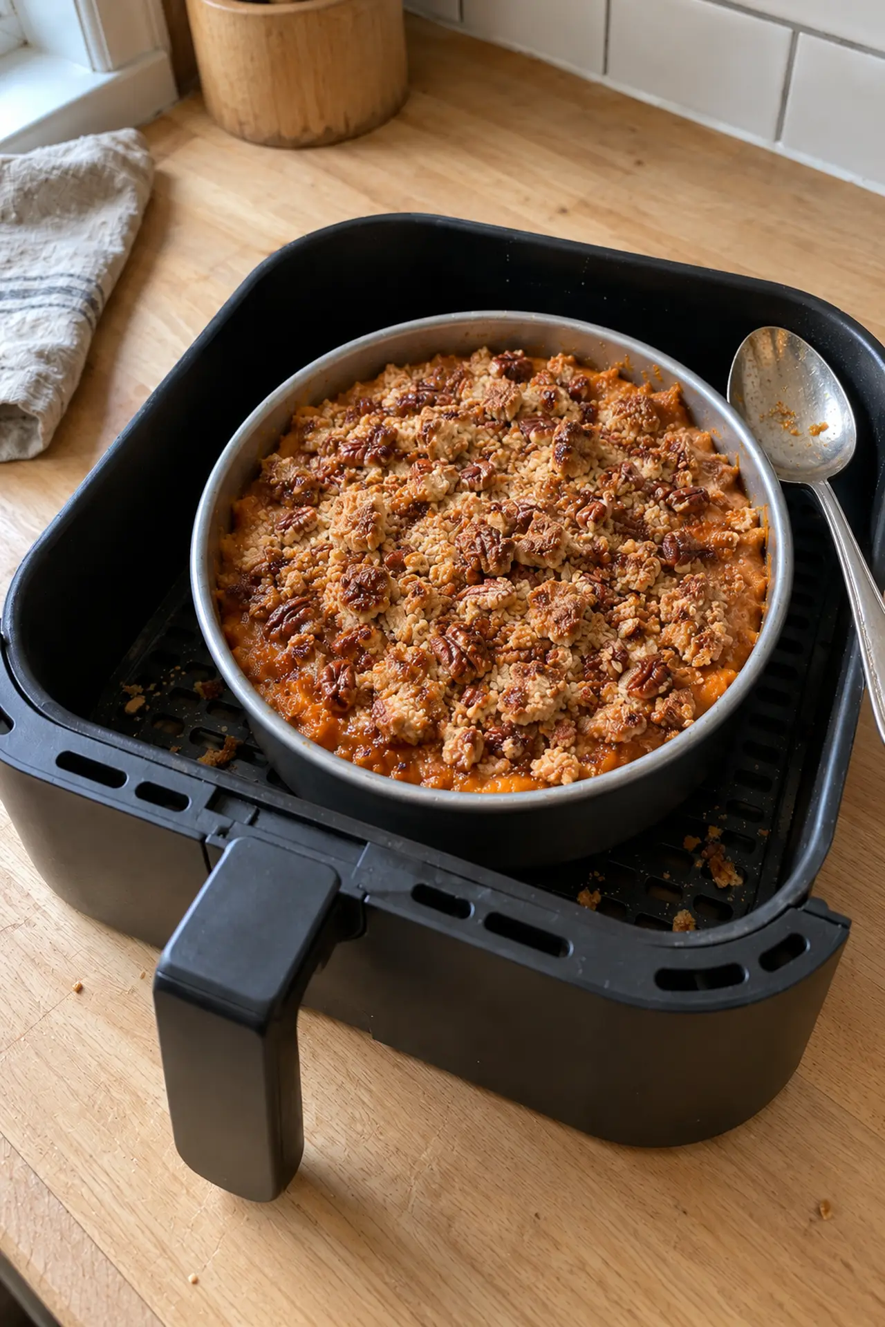 Golden air fryer sweet potato casserole in the basket
