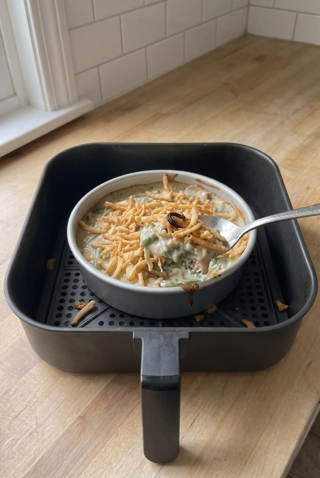 Close-up of air fryer green bean casserole