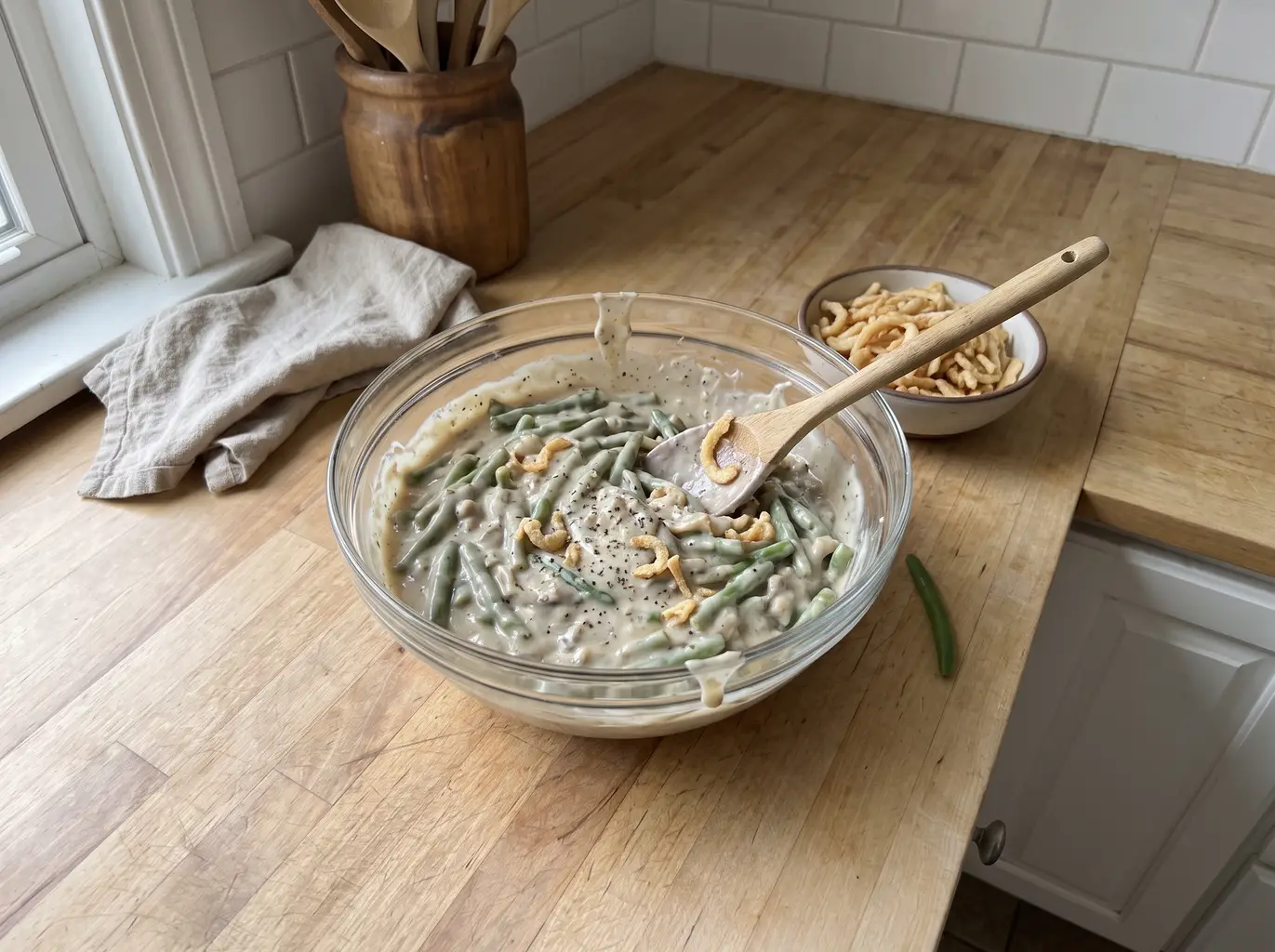 Green beans stirred into the mushroom sauce