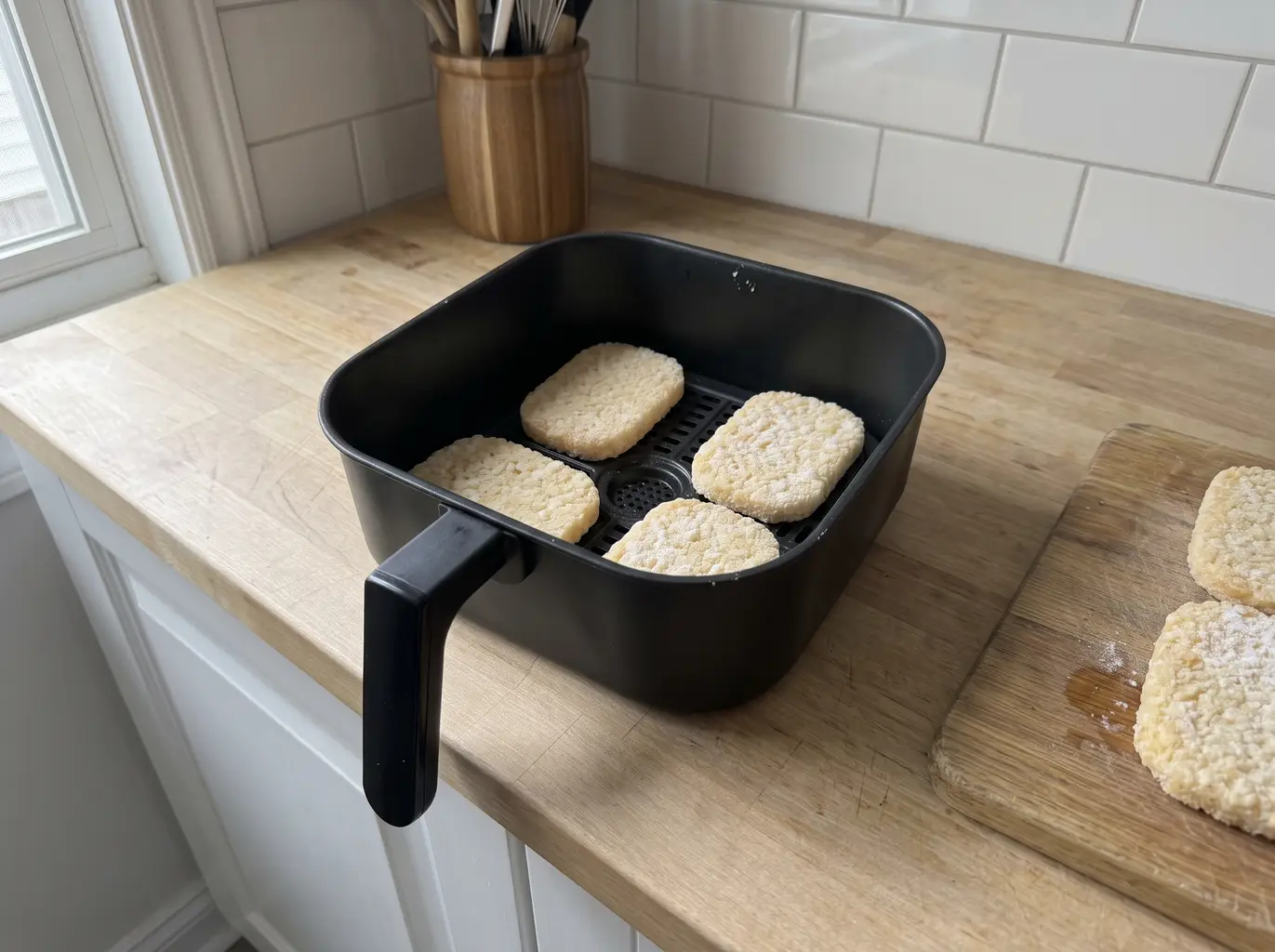 Frozen hash brown patties in a single layer in the basket