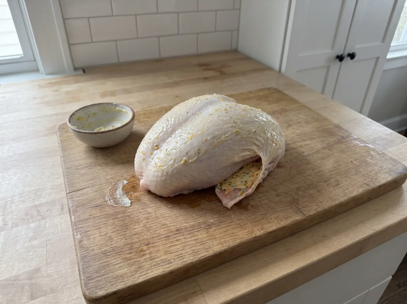 Herb butter spread under the turkey skin