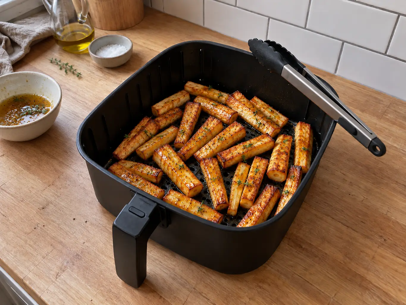 Honey-glazed parsnips in the air fryer basket
