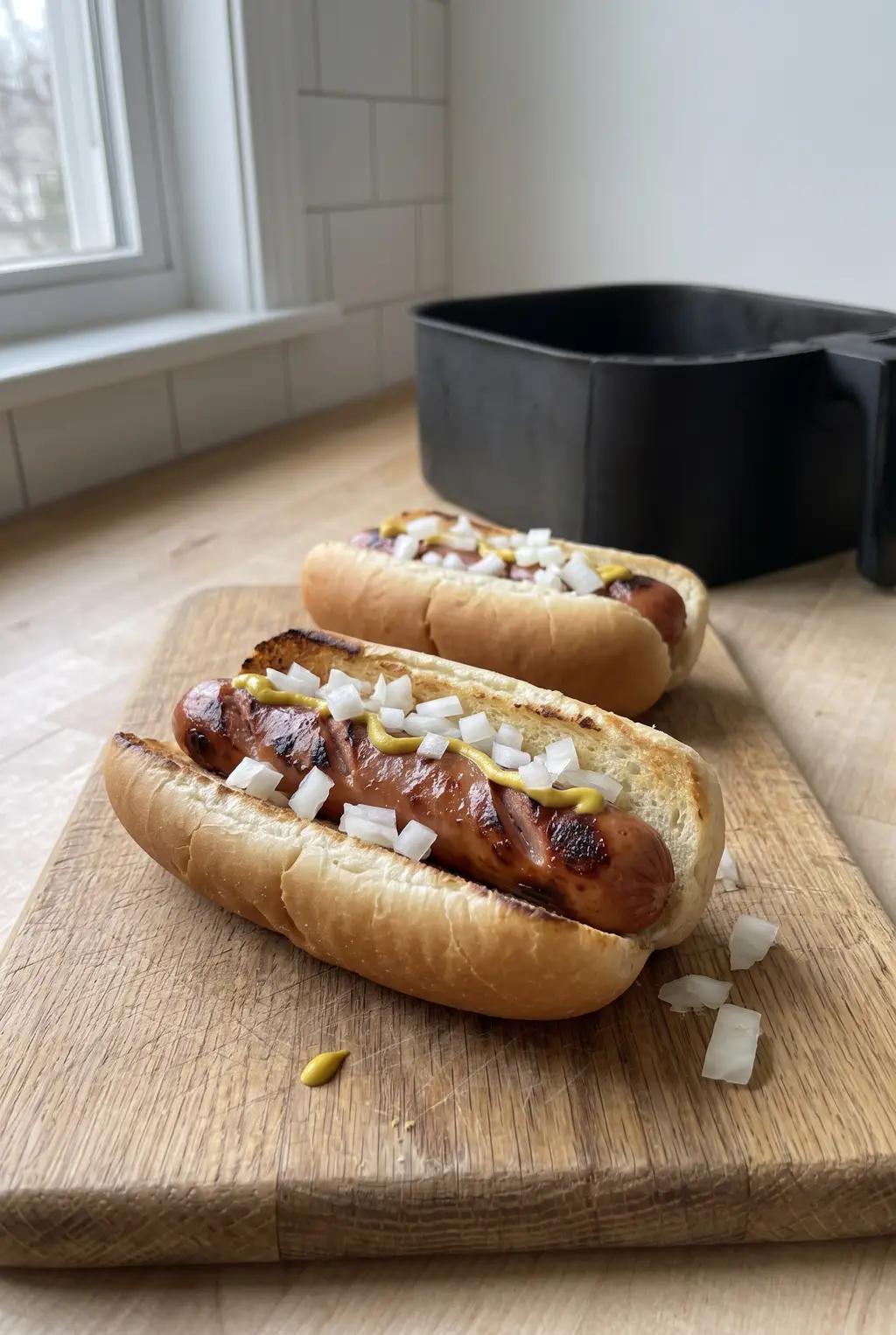Close-up of a blistered air fryer hot dog
