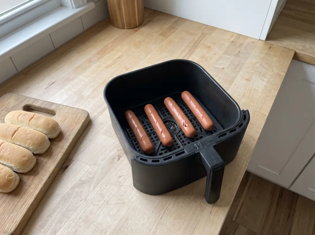 Hot dogs in a single layer in the air fryer basket
