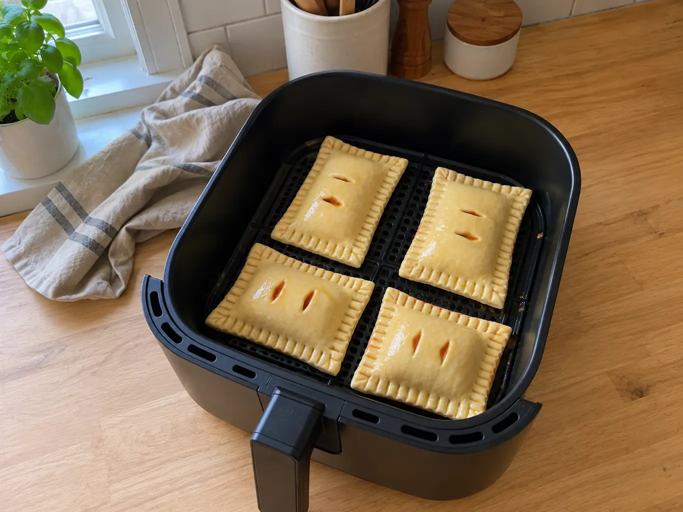 A Hot Pocket in the air fryer basket with space around it