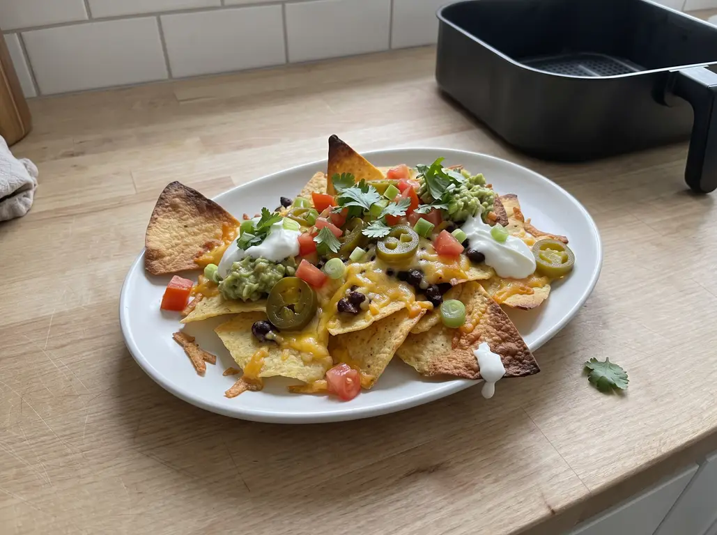 Nachos loaded with cold toppings after cooking
