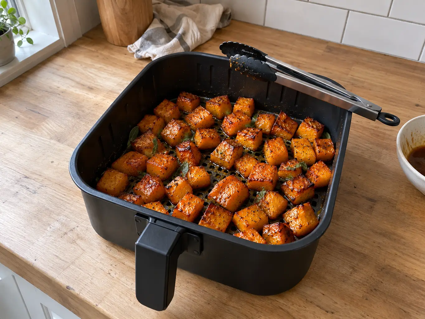 Butternut squash tossed with maple and sage in the basket