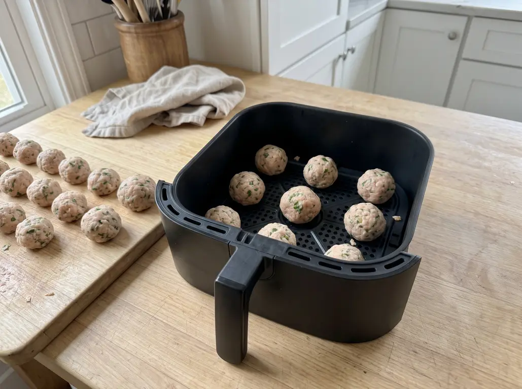 Meatballs in a single layer in the air fryer basket
