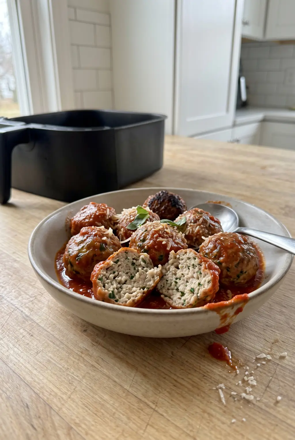 Close-up of meatballs finished in marinara