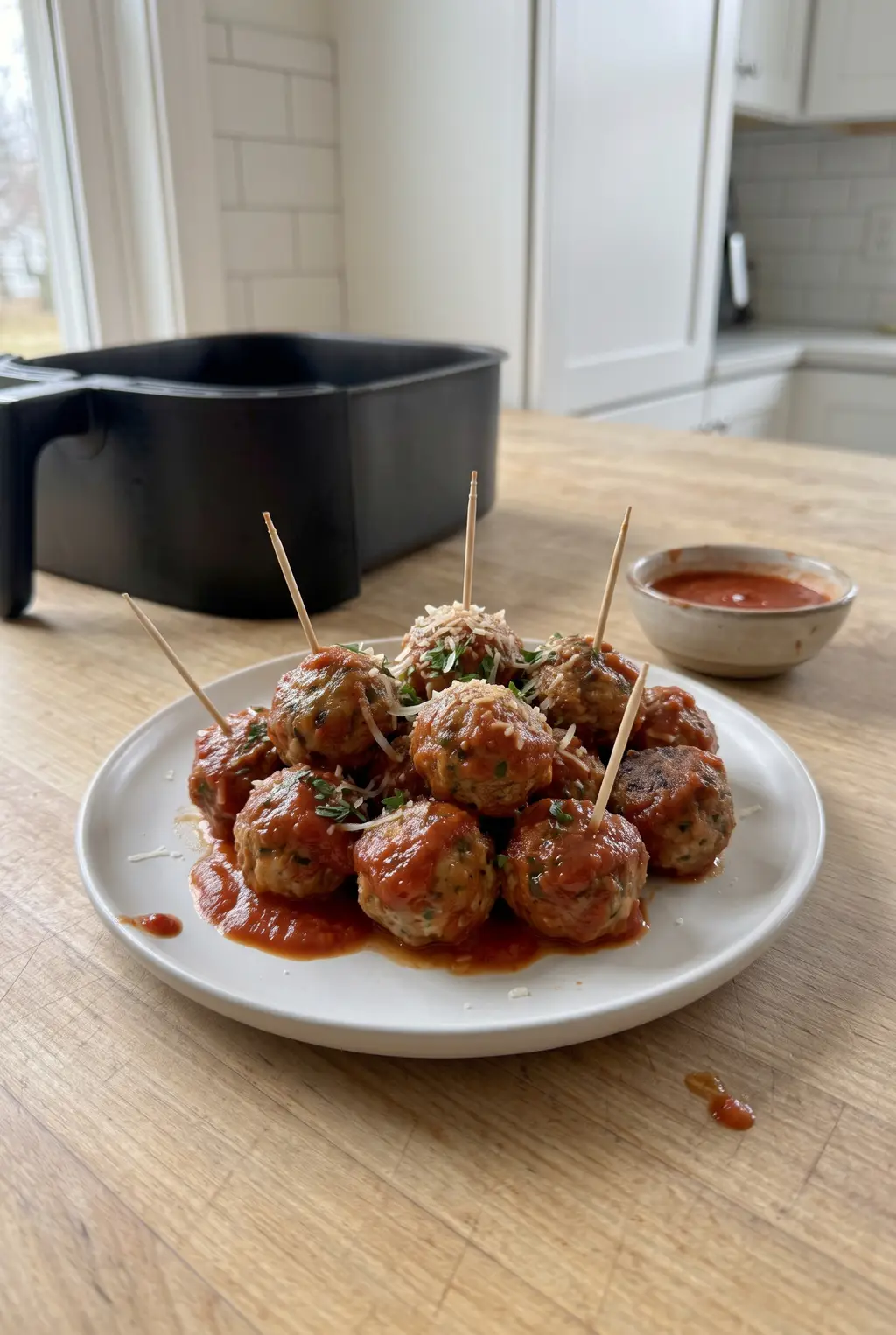 Air fryer meatballs on a party tray with picks