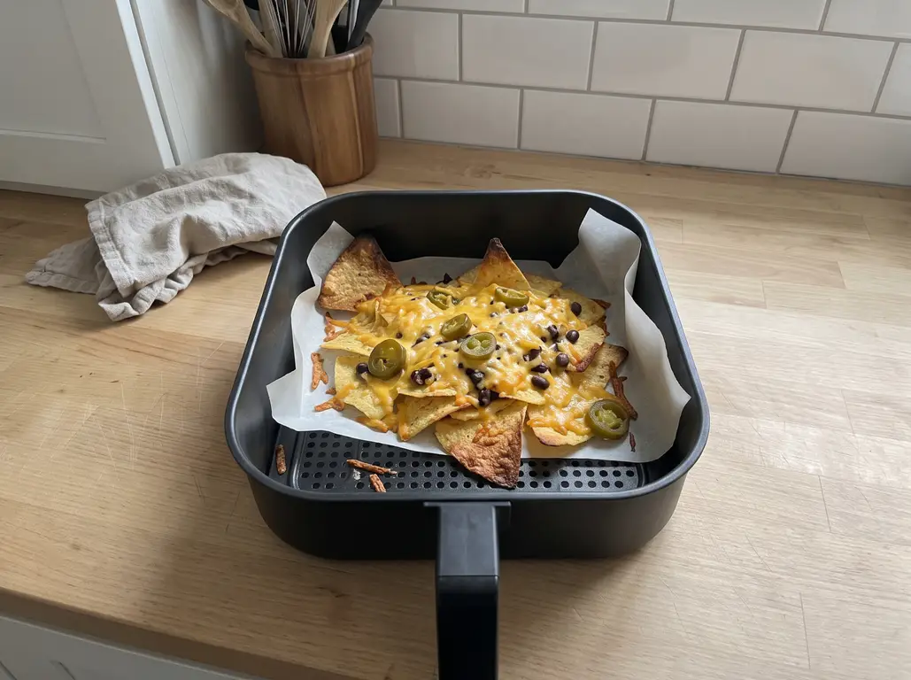 Close-up of melted air fryer nachos
