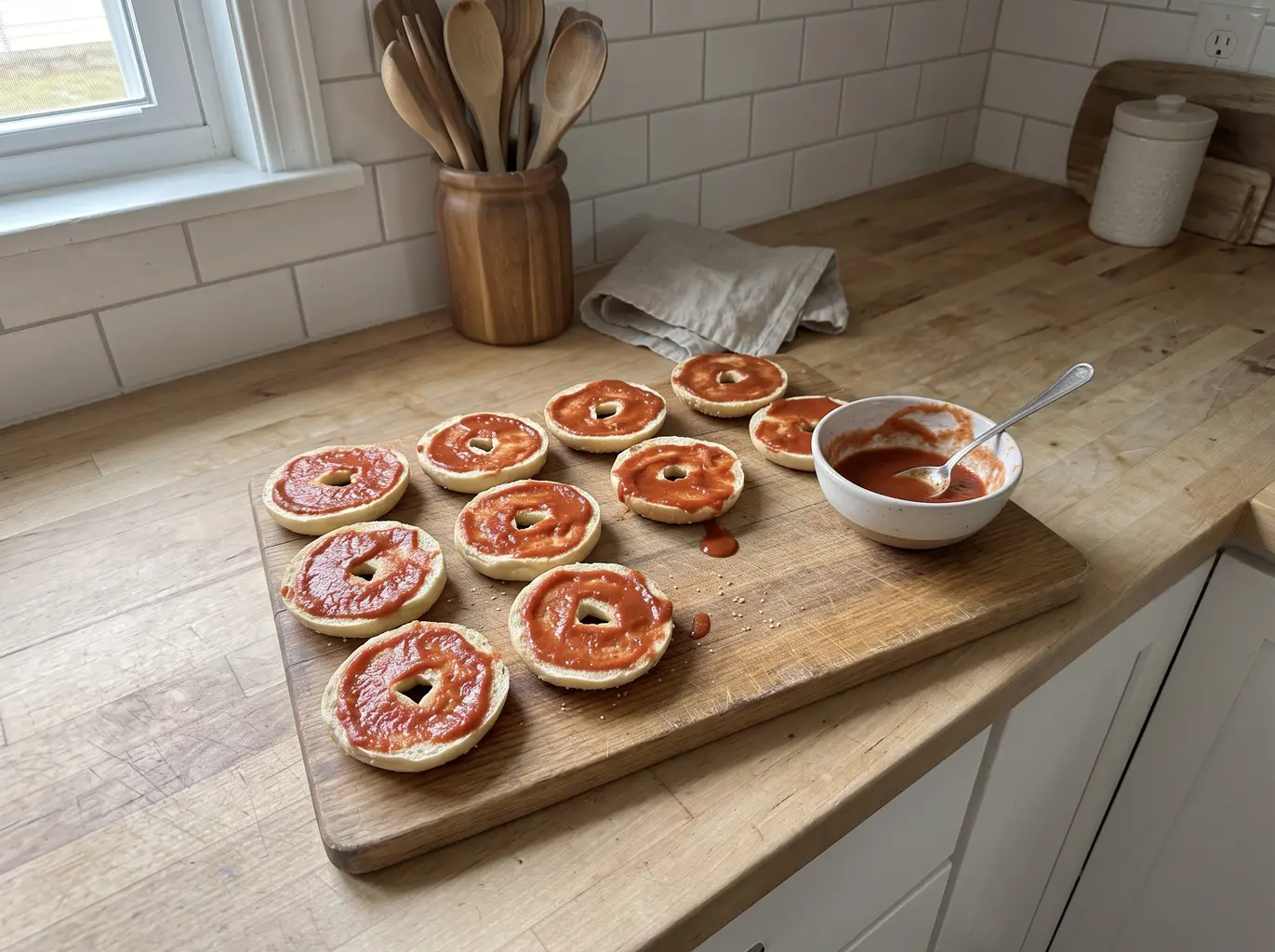 Mini bagels topped with sauce for homemade bagel bites