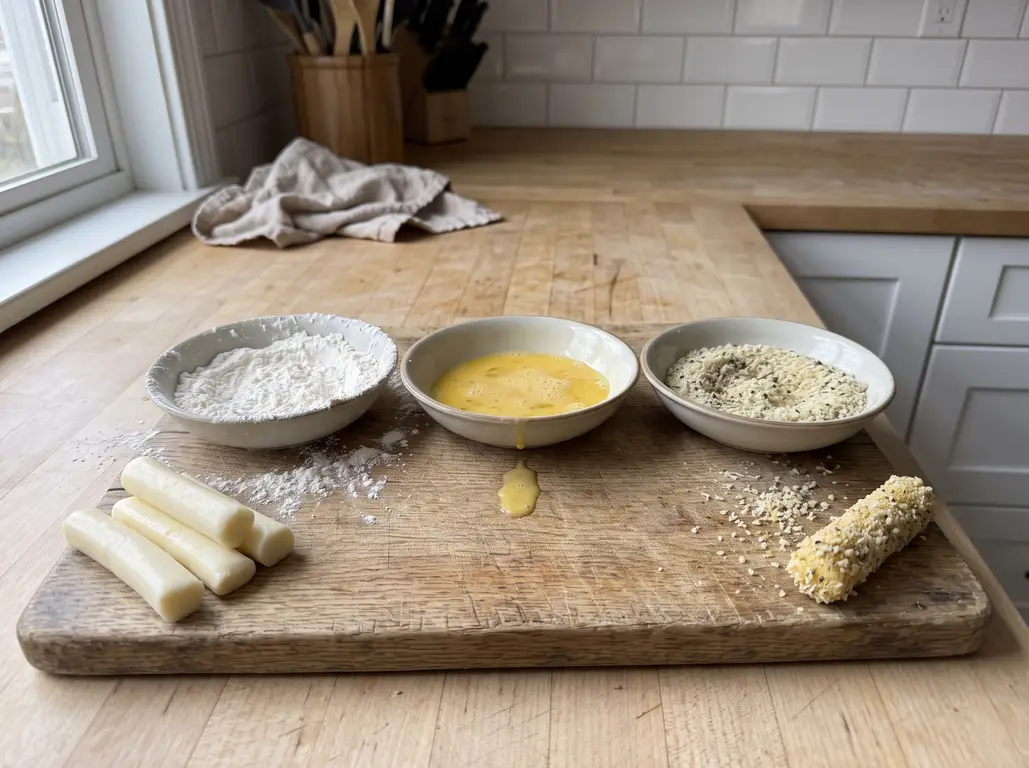The three-bowl breading line of flour, egg and panko