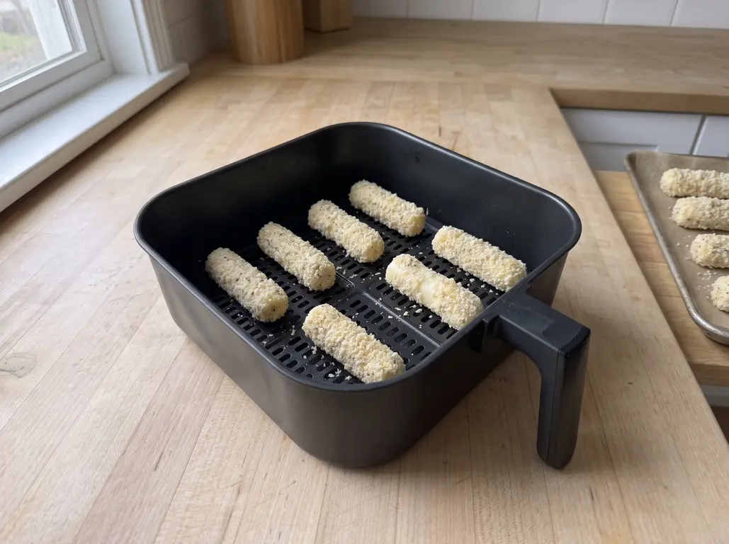 Mozzarella sticks in a single layer in the air fryer basket