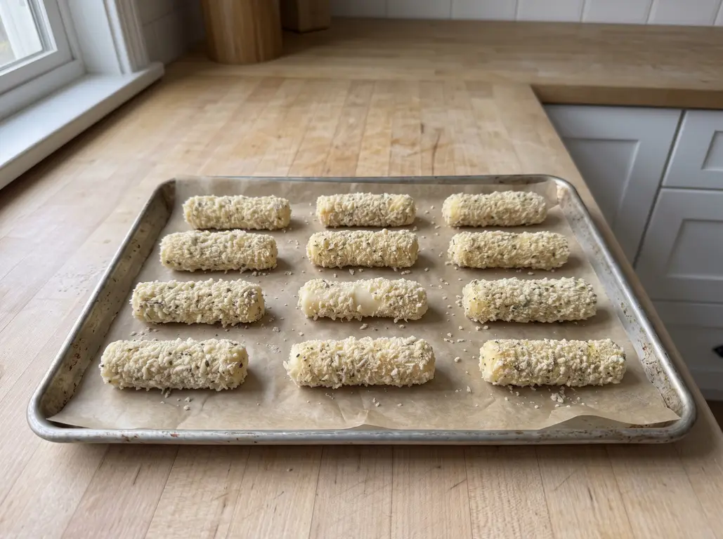 Breaded mozzarella sticks frozen solid on a tray