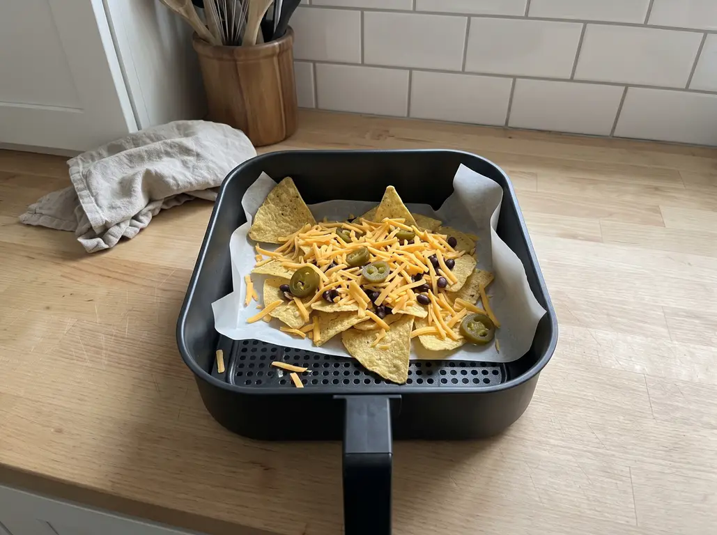 The second layer of nachos built in the basket