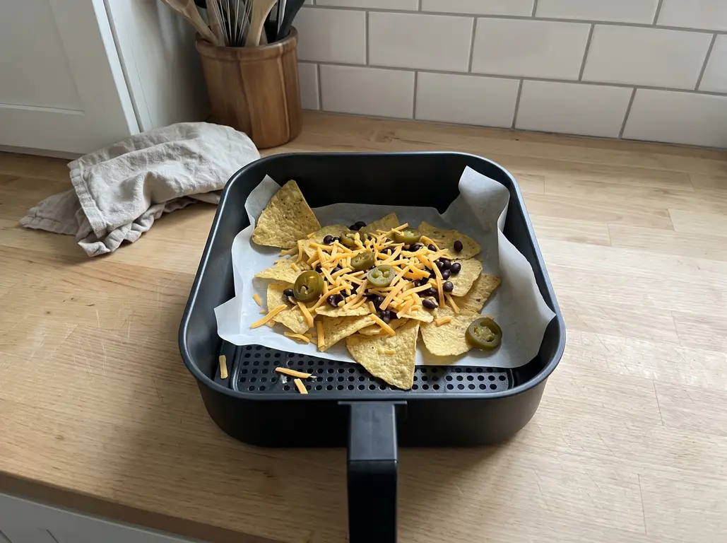 The first layer of chips and cheese on a parchment sling